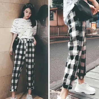 

Korean Style Pants Women Mid Waist Straight Plaid Print Ankle-length Polyester Pants Vadim Harajuku Pantalon Femme Befree