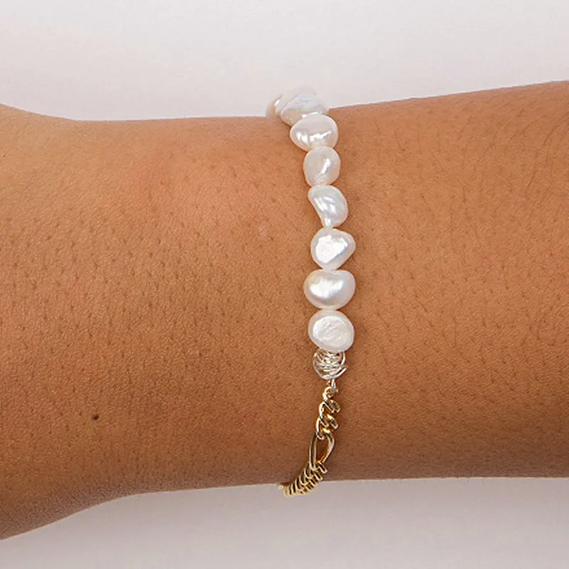 

Creative design natural freshwater pearl bracelet high quality stainless steel chain stitching Arm Accessories gifts for women