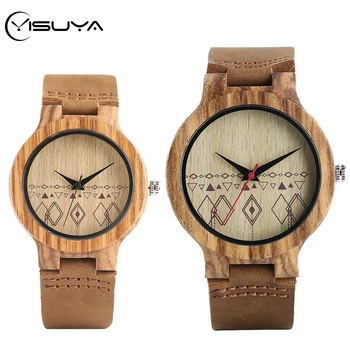 

YISUYA Natural Arts Rhombus Pattern Bamboo Wood Watch Men's Watches Handmade Genuine Leather Vogue Woman Hour Clock Couple Gifts