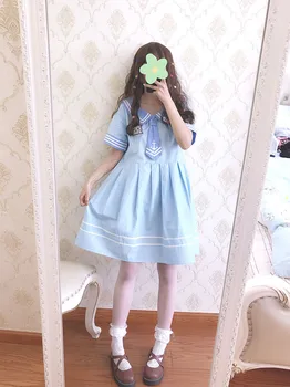 

Fresh navy collar long sleeve Japanese JK uniform style doll dress cute sweet high waist victorian dress college style cosplay