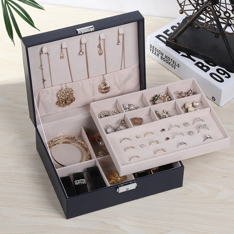 

New Style Large Capacity Double Layer Jewlery Box PU Leather Ring Box Flip Simple Accessories Storage Box Customizable Wholesale
