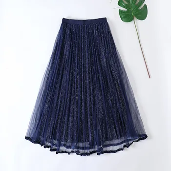 

Spring Autumn Fashion High Waist Mesh Patchwork Glitter Velvet Skirt Women A-Line Long Midi Tulle Skirts Ladies jupe tulle femme