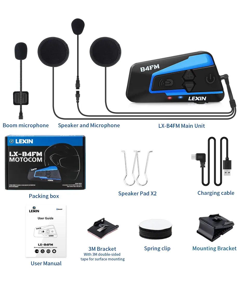 Lexin Bluetooth moto rcycle шлем гарнитуры домофон мото FM радио 4 способа intercomunicadores de casco moto intercomunicador B4FM