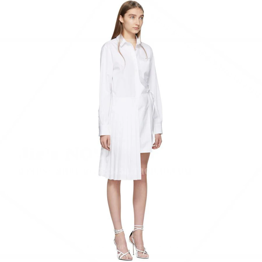 

Women's front button fastening asymmetric hem pleated front panel White Wrapped Arrow-detail Shirt Dress