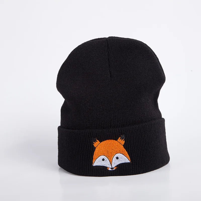 

New autumn winter knitted unisex fox embroidery multiple color optionsÂ roll edge street trend artistic casual warm beanies hats