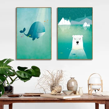 

Lovely Minimalist Cartoon Whale Polar Bear Posters Canvas Cute Animal Wall Decorative Picture No Frame For Baby Bedroom Decor