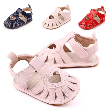 

New Summer Baby Infant Girls Breathable Anti-Slip PU Leather Shoes Baotou Cutout Heart Sandals Toddler Soft Soled Shoe