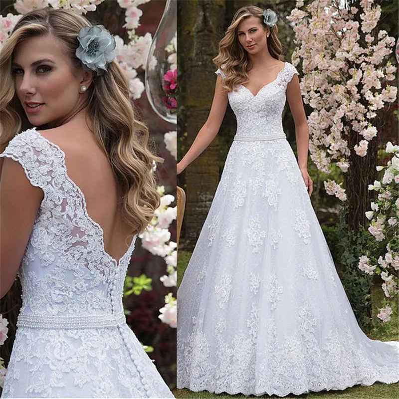 

Lace Appliques V Neck Wedding Dresses Cap Sleeve Pearls Sash Backless Bride Dress A line Custom Made Vintage Sweep Train 2019