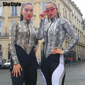 

Shestyle Snake Print Zipper High Neck Bodysuits Women Sexy Bodycon Long Sleeve Autumn Winter Basic 2019 Fashion Body Cool