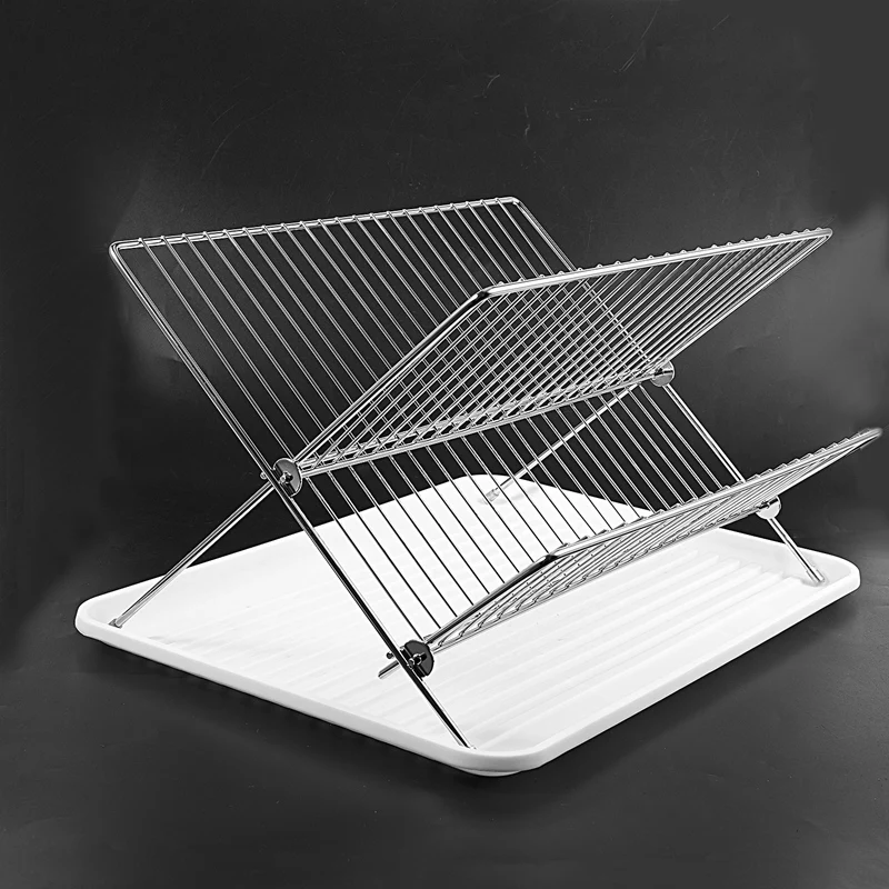 

Deluxe Chrome-Plated Steel Foldable X Shape 2-Tier Shelf Small Dish Drainers with Drainboard