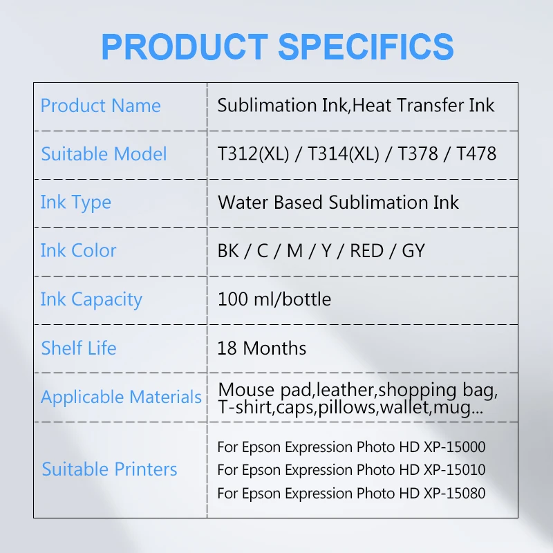 Tinta de Sublimação para Impressora Epson Foto de Expressão hd Xp15000 Xp15000 Xp-15010 Xp-15080 Xp15080 Xp15080 T312 T314 xl 100ml por Conjunto - Imagem 2