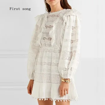 

First song Women's Tight Sheer Lace Sexy Dress 2020New Summer Round Neck Long Sleeve French Retro Elegant Women's Mini Dress XL