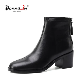

Donna-in Genuine Leather Women Autumn Winter Ankle Boots 2020 Thick High Heels Booties Ladies Round Toe Back Zip Elegant Shoes