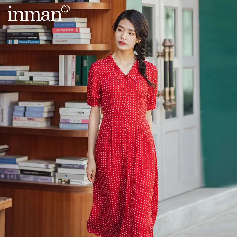 INMAN 2020 Summer New Arrival Pure Cotton French Style Lace-up Nipped Waist Turn-down Collar Floral Dress