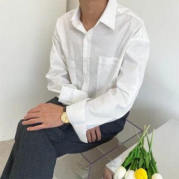 

Male Japan Korea Style Solid Color Cargo Shirts Men Streetwear Fashion Casual Loose Long Sleeve Shirts