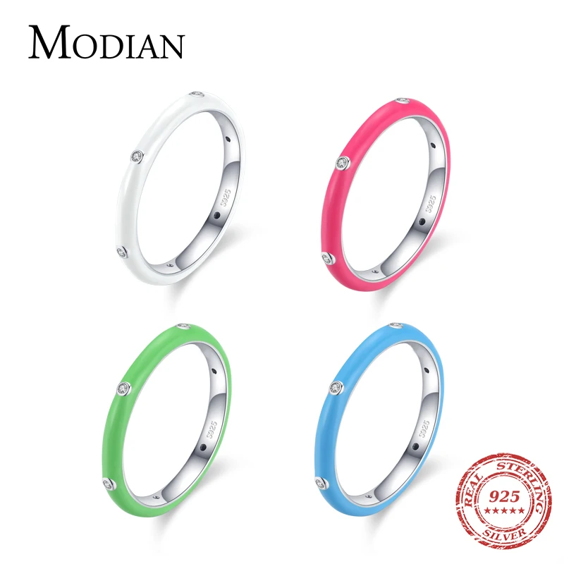 Modian 2021 진짜  레인보우 CZ 간단한 패션 손가락 반지 여성을위한 쌓을 수있는 에나멜 반지 브랜드 파인 쥬얼리