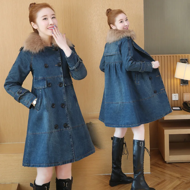 

2019 Winter New Style Korean-style Waist Hugging Mid-length Thick Warm Double Breasted Large Fur Collar Jeans Coat Cotton-padded