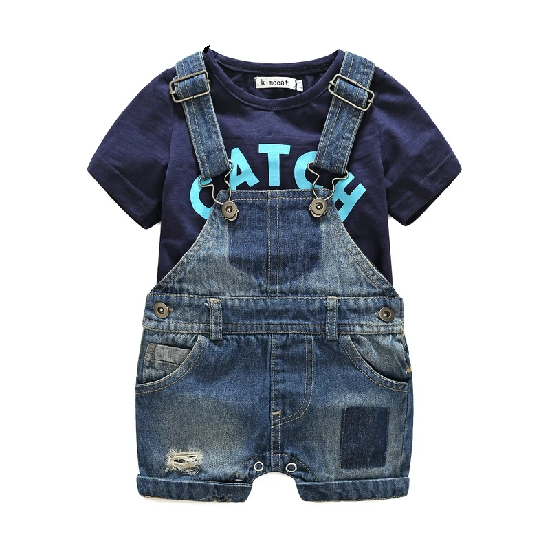 Bebes/Одежда для новорожденных; хлопковая Футболка с буквенным принтом и джинсовый комбинезон; Одежда для маленьких мальчиков; летняя одежда для детей