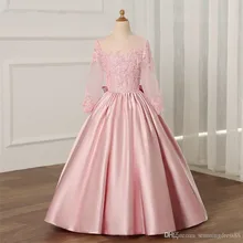 Элегантные розовые платья с цветочным узором для девочек для свадебной вечеринки, украшенные жемчугом, с длинными рукавами, с аппликацией, кружевное платье с открытой спиной для первого причастия