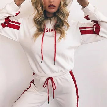 

Women Casual Sets Female Casual Sports Fashion All-match Color Matching Striped Lace Hooded Sweatershirt Suit W1