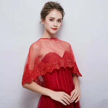 

Red Applique Edge Wrap Women Fashion Summer Cover Up High Low Cape Bridal Wedding Shawl Accessories Handmade