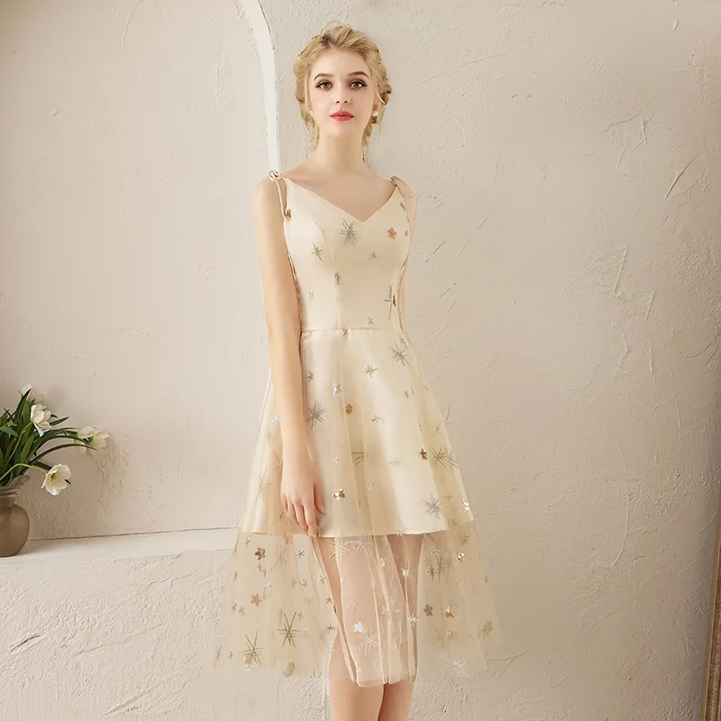 

Simple Light Champagne V-neck Beading Star Lace Vestidos De Festa Sequin Backless Bridesmaid Dresses Short Wedding Party Gowns