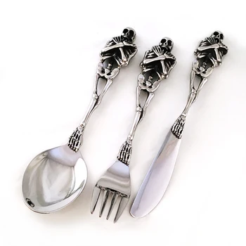 

Skull Fork/Spoon/Knife Stainless Steel Skeleton Silverware Tableware Cutlery Set Dinnerware KitchenBento Accessories