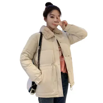 

Lambs Wool Collar Women Winter Jackets Coats Adjustable Waist Thicken Outerwear Cotton Winter Jacket Women Casual Parkas C5827