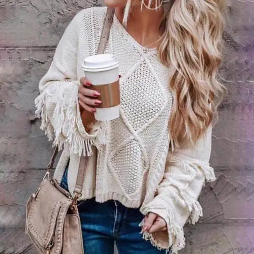 Белый Autumn Winter Women Loose Sweater Solid Color Tassel Flare Sleeve O-Neck Jumper - Цвет: Белый