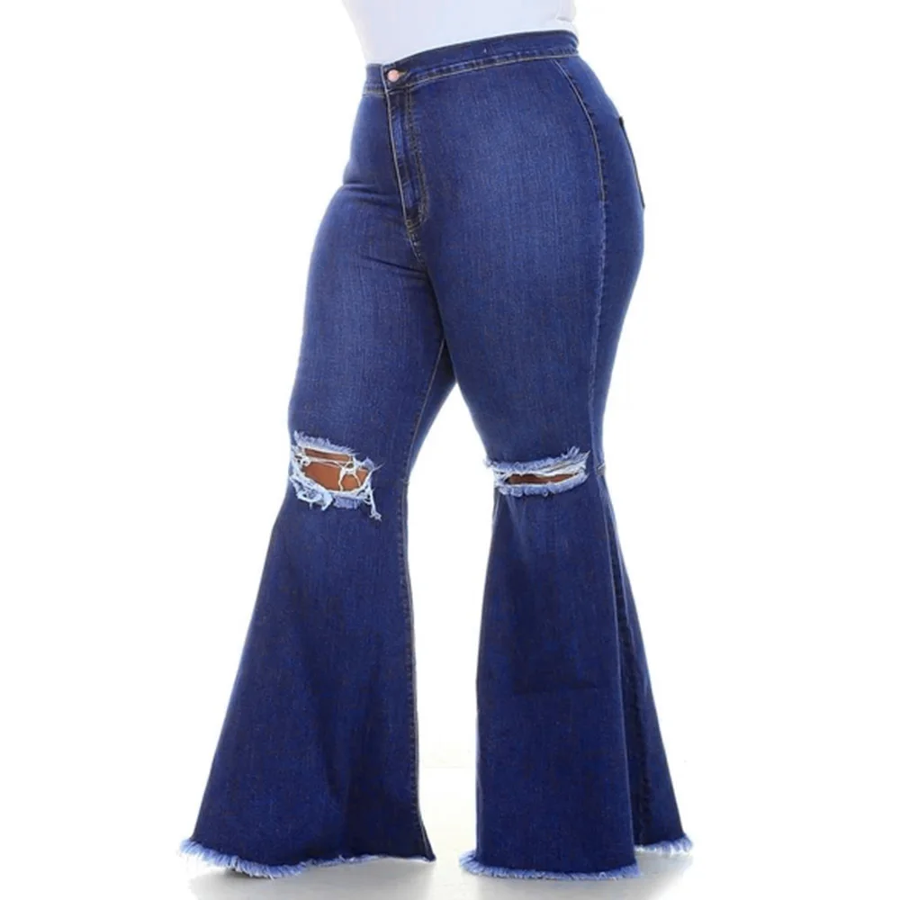 

6XL Plus Size Ripped Hole Jeans For Women Vintage High Waist Denim Pants Female Streetwear Casual Flare Pants Jeans calÃ§a D30