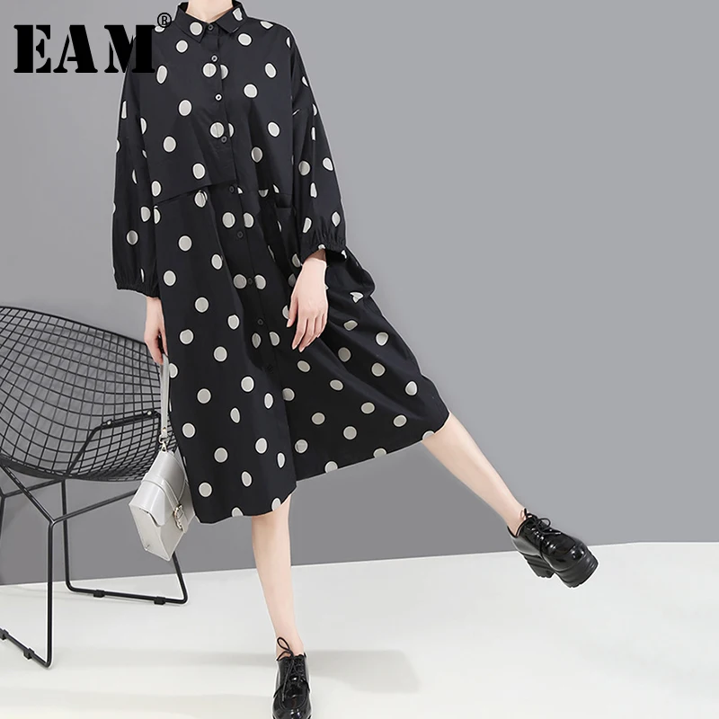

[EAM] Women Dot Print Oversize Pocket Spliced Dress New Lapel Neck Long Sleeve Loose Fit Fashion Tide Spring Autumn 2019 1A927