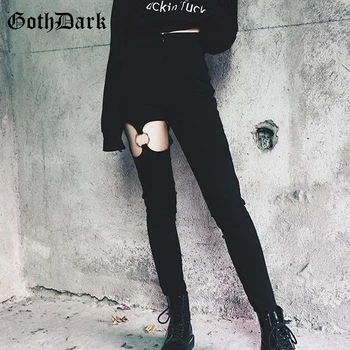 

Goth Dark Grunge Vintage Gothic Pants For Women Aesthetic Autumn 2019 Punk Hollw Out Female Trousers Zipper Skinny Ring Fashion
