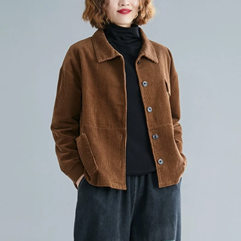 Женское вельветовое пальто, куртка с карманами, на пуговицах, Свободный Повседневный Кардиган с отворотом, Ретро стиль, свободные, дикие, повседневные, покрытые, короткие размера плюс 936-134