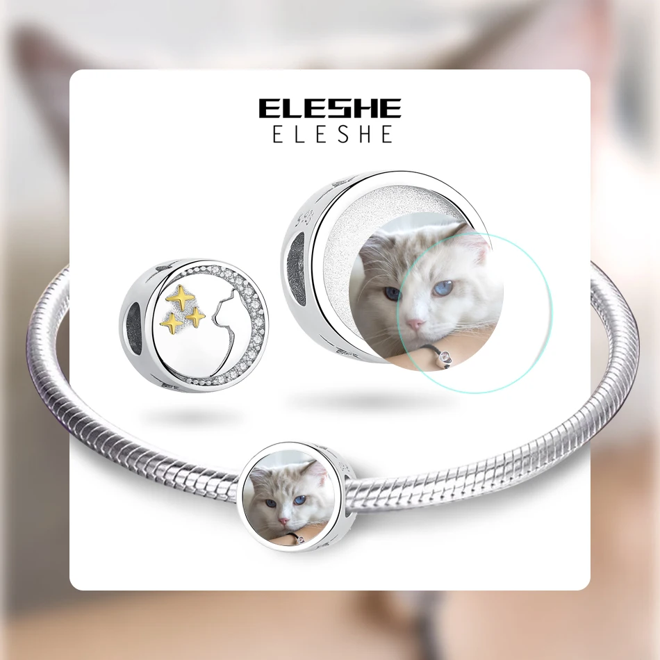 ELESHE Оригинальные 925 пробы серебряные очаровательные бусины милые животные кошка индивидуальные фото талисманы подходят европейские браслеты для женщин DIY ювелирные изделия