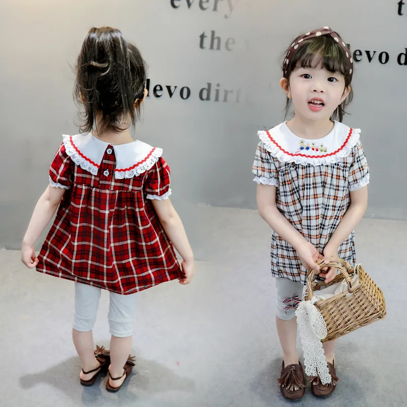 

Girls New Style 2019 Korean-style Plaid Peter Pan Collar T-shirt duan xiu kuan Set Leggings Vest Base Skirt