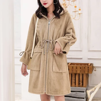 

2020 New Mink Fur Hooded Coat Female Winter Korean Loose Mink Velvet Coat Waist Jacket High Quality Streetwear Women Warm Coat