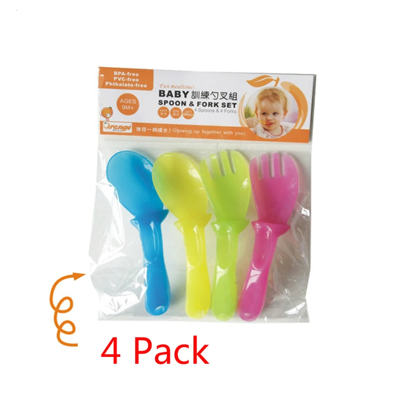 4 Pack Новинка; 4 упаковки в комплекте; тренировочная ложка для новорожденных; комплект вилок; комплект милой детской посуды разных цветов; Набор для обучения грудному ребенку; столовые приборы из полипропилена - Цвет: 4 Pack