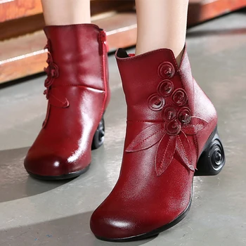 

SONDR ankle boots for women genuine leather ethnic retro booties high heels square heel zapatos de mujer round toe zipper ladies