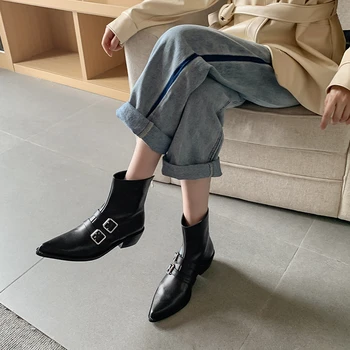 

Ankle Boots For Women 2020 Winter Low Heel Woman Boots Talon Botas Metal decoration Chaussure Female shoes Zapatos Mujer Casual