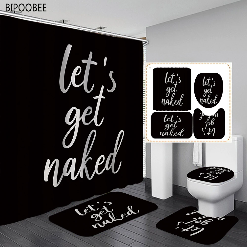 

White Font Printed Shower Curtains Black Flannel Toilet Cover Anti-slip Carpet Bath Mat Home Decor Bathroom Curtain with Hooks