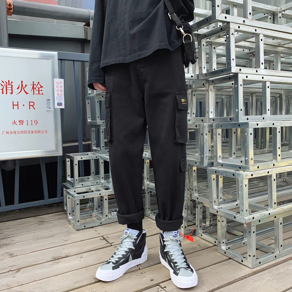 LAPPSTER Men Streetwear Cargo Pants Mens Overalls Hip Hop Joggers Thick Winter Sweatpants Male Harem Fashoins Track Pants - Цвет: Black