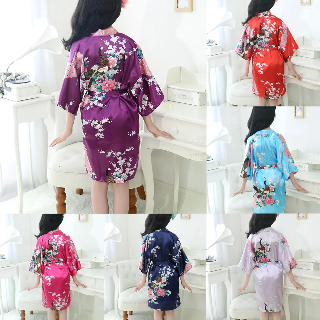 Pajamas Summer Children's Nightgown Toddler Baby Kid Girls Floral Silk Satin Kimono Robes Bathrobe Sleepwear Clothes халат