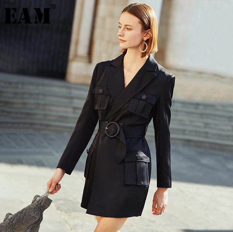 [EAM] Женская Черная карманная повязка раздельное соединение подходит для платья