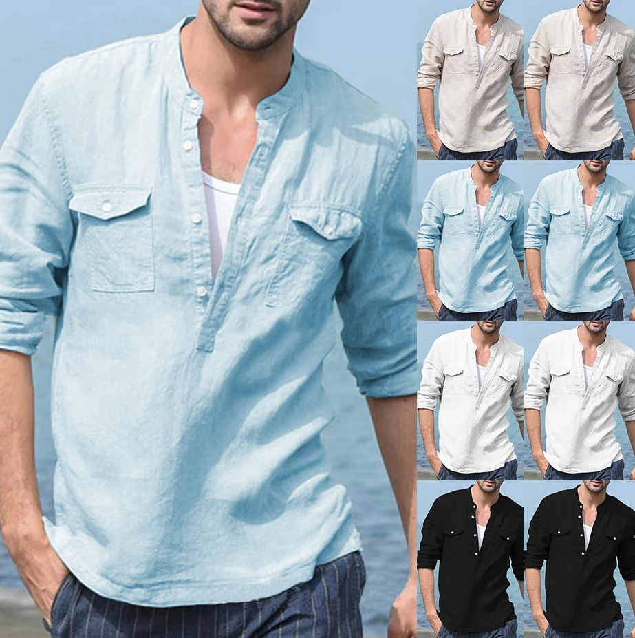 Men Clothes 2019 Button Cotton Linen Long Sleeve Shirts Casual Holiday Street Slim Fit Tops Four Color Mens Sexy V Neck Shirts