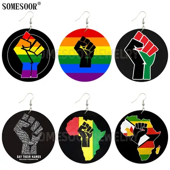 

SOMESOOR Jewelry Wooden Both Printed African Power Fist Drop Round Earrings Black Lives Matter Saying For Women Gifts