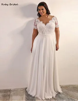 

2020 Cheap Chiffon A-line Plus Size Wedding Dress With Beaded Lace Appliques Short Sleeves Lace Up Back Beach Bridal Dresses
