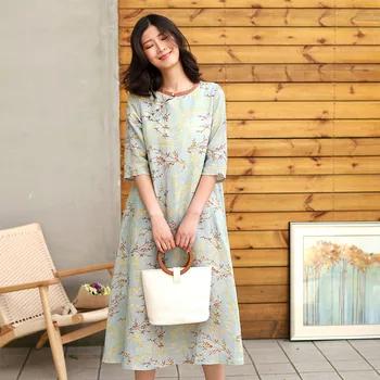 

SCUWLINEN 2020 Vestidos Spring Summer Women Dress Vintage Print Jade Buckle Elegant Double Layer Long Ramie Dress S846