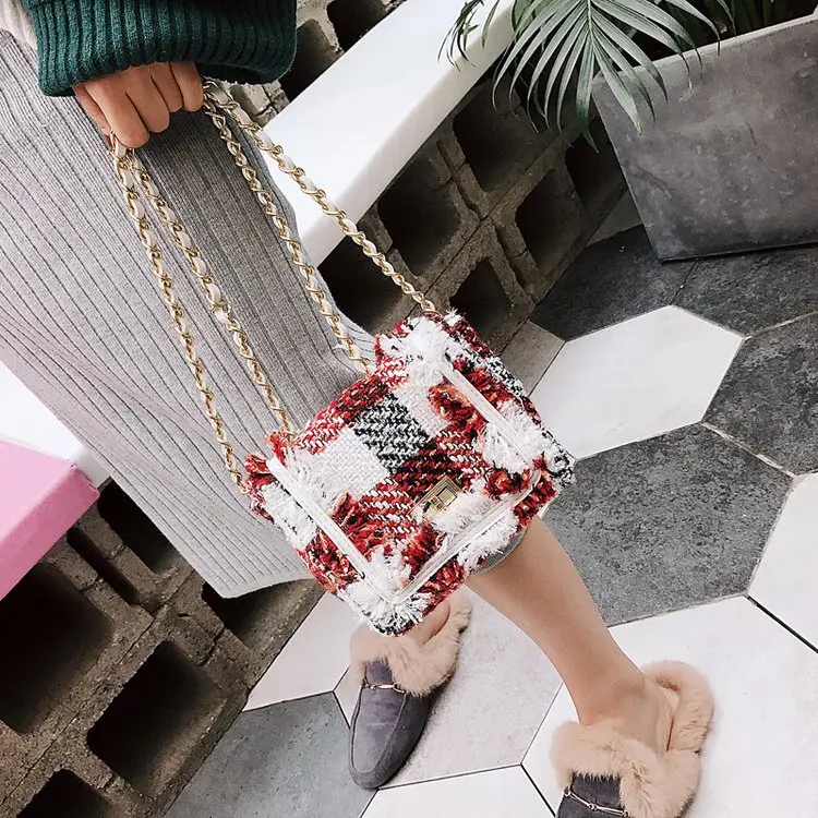 

New Style Fashion Graceful Joint Plaid Canvas Single-shoulder Bag for Women Cool Lock Chain Square Sling Bag