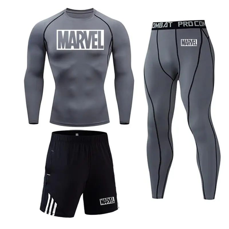 Marvel logo мужское спортивное термобелье Спортивное компрессионное белье тренировочные колготки для спортзала быстросохнущая впитывающая одежда - Цвет: 3-piece set