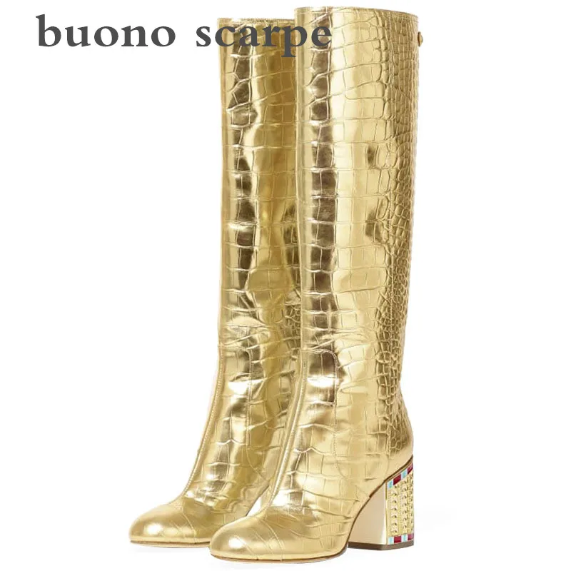 

Autumn and winter embossed fish pattern cool gold round head breathable pigskin lining thick with sleeve large size high boots